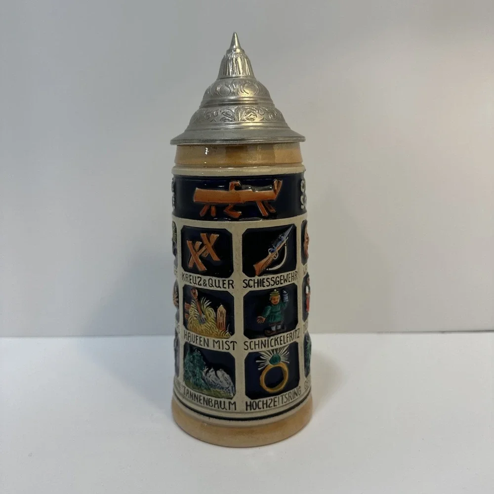 Vintage German Beer Stein Oh Du Schone Schnitzelbank Musterschutz Pewter Lid